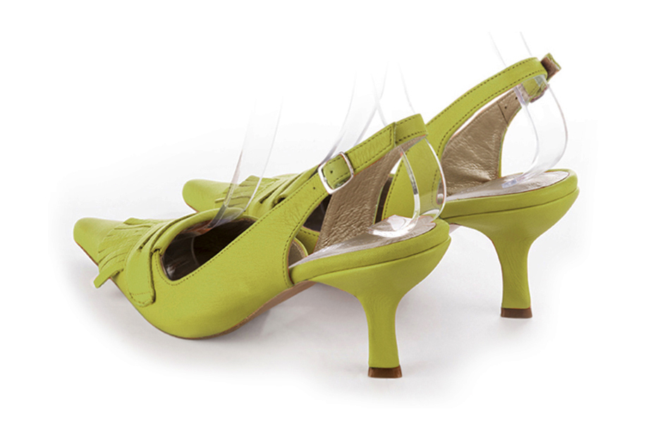 Dress slingback heels in pistachio green leather with high spool heels and pointed toe - Rear view